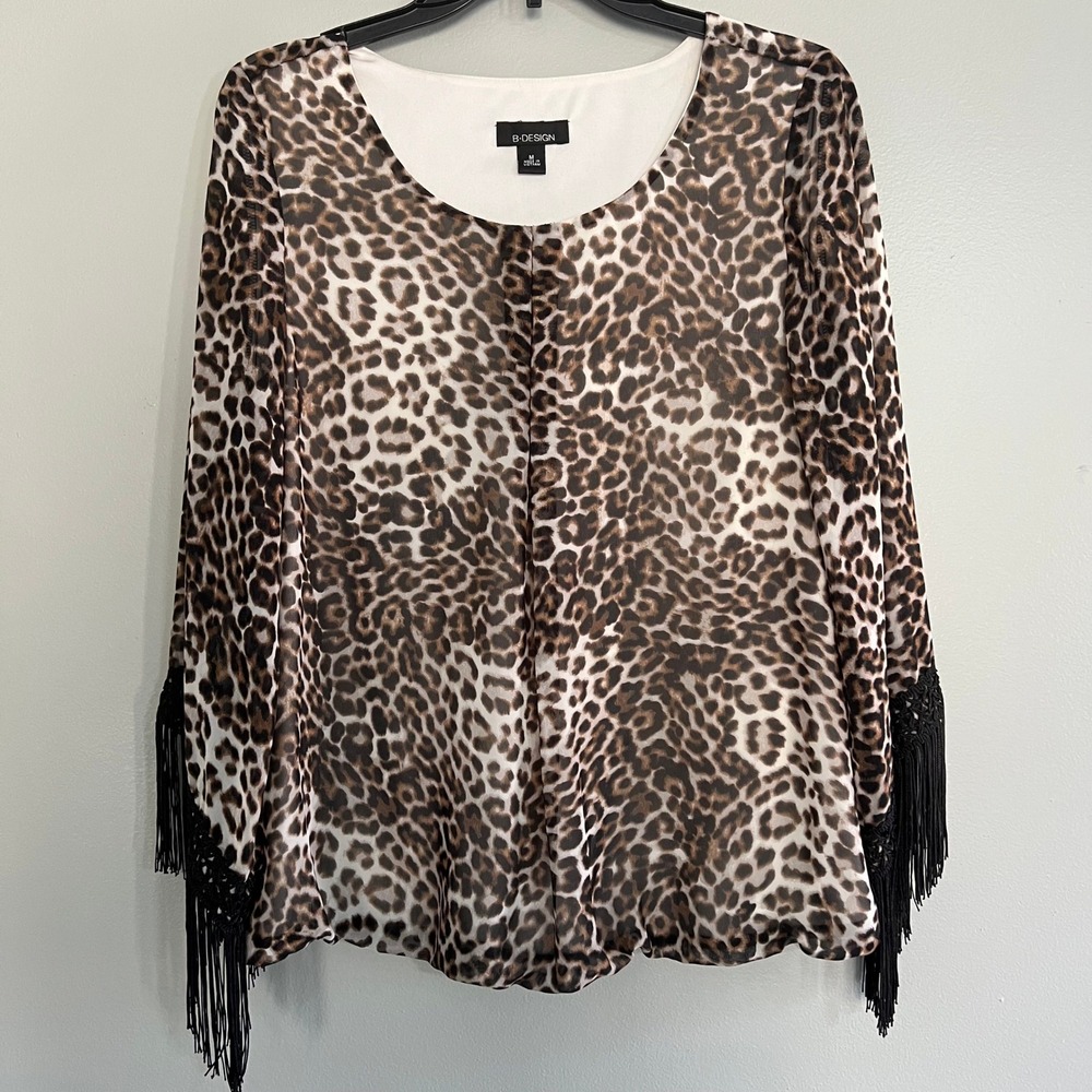 B Design Leopard Print Fringe Sleeve Bubble‎ Hem Blouse Mob wife glam edgy boho